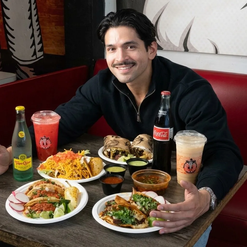 A Pablito's table spread with tacos, sides and aguas frescas