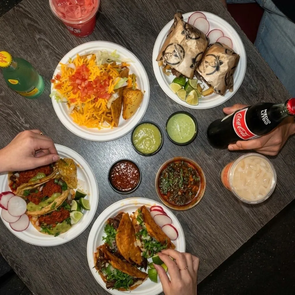 Overhead spread of tacos, salsas and sides