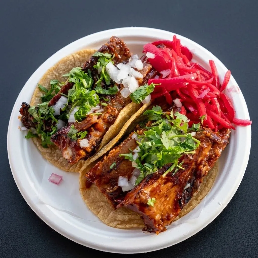 Three grilled meat tacos with cilantro, onions and pickled red onions